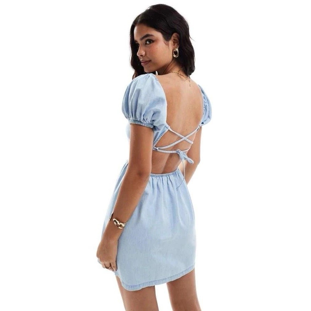 NWT ASOS puff sleeve denim mini dress with cross back detail in light blue SZ 6